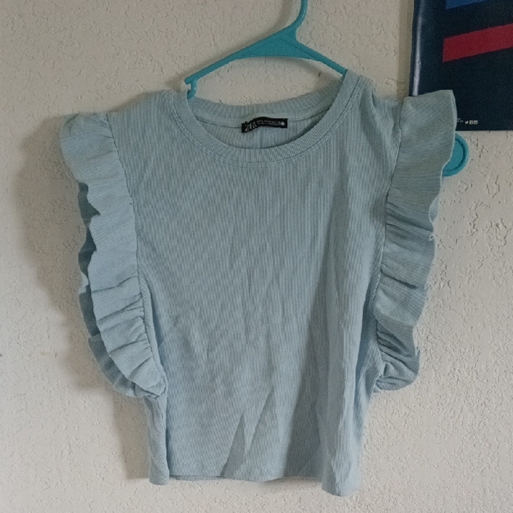 Zara Blue Ruffled Flutter Sleeve Blouse